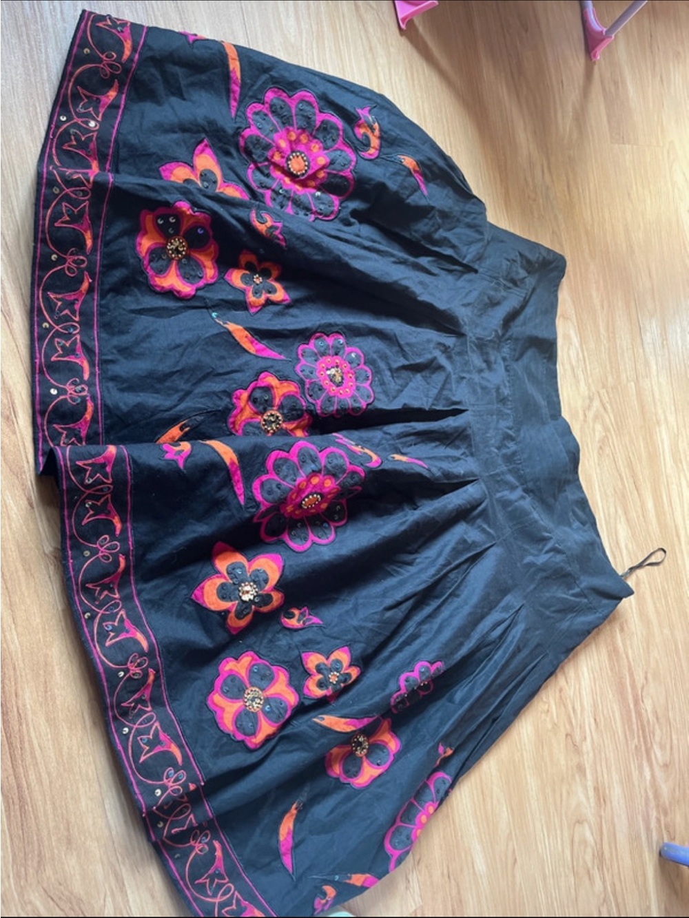 Embroidered Black Circle Skirt with Pink & Orange Floral Accents